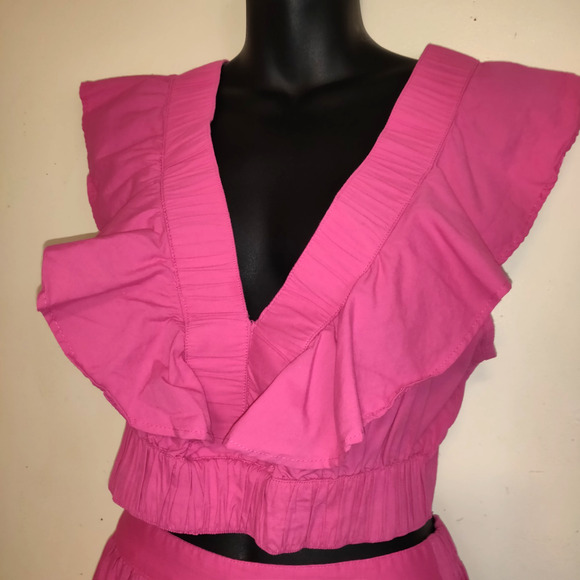 Bright Pink Peasant Maxi Dress 2pc L Tiered Boho Whimsigoth Ruffles Cropped - Picture 3 of 16